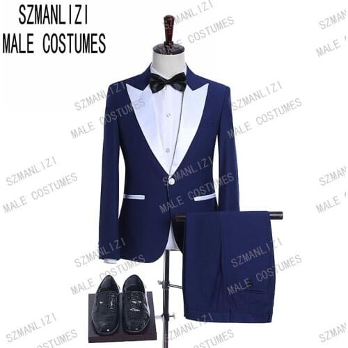 Blue Prom Men Wedding Suits White Peaked Lapel Tuxedo Groom Groomsman Best Man Terno Masculino Slim Fit Mens Suits With Pants