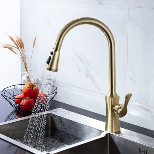 Kitchen Sink Faucet Solid Brass Pull Out Nozzle Mixer Tap Single Handle Hot & Cold Kitchen Crane Tap Brushed Gold/Chrome/Black