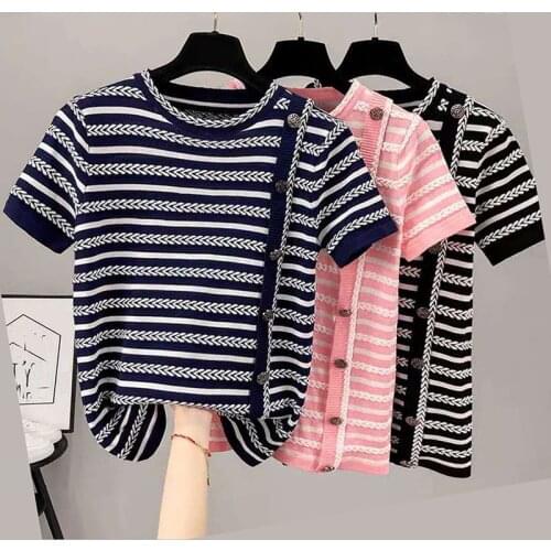 Summer Womens Sweater Thin Striped Sweaters Fashion O-Neck Short Sleeve Elasticity Women Clothes Loose Knitted Button Top Femme