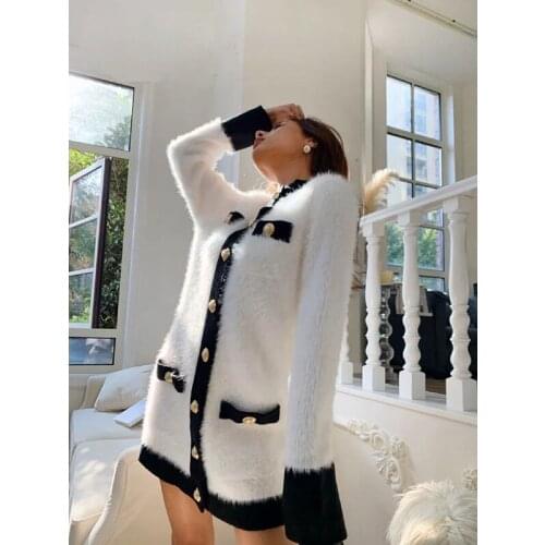 Knitted Winter 11.7 Autumn Cardigan Coat Women Fashion Luxury Dehaired Angora Contrast Color Patchwork Warm Dress