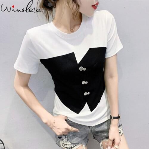 Design Color Block T-shirt Women White Black Buttons Short Sleeve Cotton Slim Stretchy Casual Tops Tees New 2021 T17617A