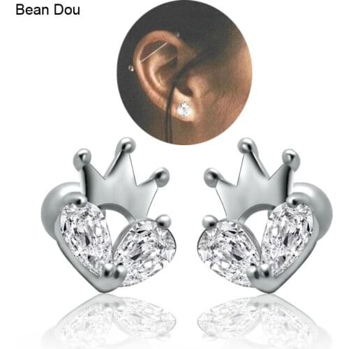 Womens Ear Studs Earrings Heart Crown Princess Stainless Steel Cubic Zirconia Small Plug Earrings 7x9.5mm Girl Jewelry Gift New