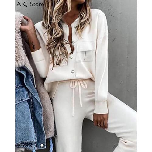 Women Fashion Button Design Long Sleeve Pockets Top & Drawstring Pockets Design Pants Sets