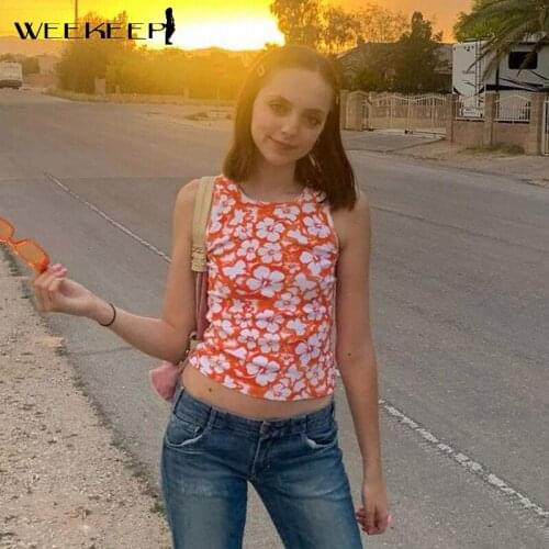 Weekeep Y2k Aesthetic Floral Print Tube Top Women Sleeveless Bodycon O Neck Crop Top Summer Casual Streetwear Harajuku Retro Tee