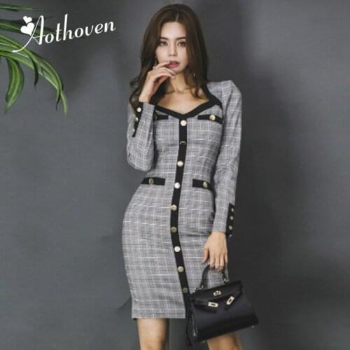 2018 Autumn Bodycon Pencil Dresses Plaid Full Sleeve Square Collar Dress Women Office Bandage Sexy Party Ladies Dress Vestidos