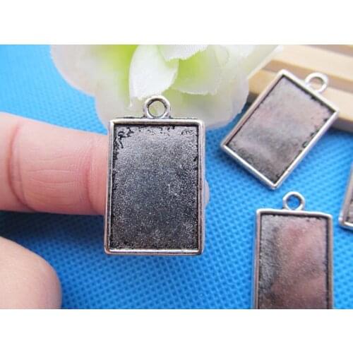 100pcs Antique Silver tone Rectangle Base Setting Tray Bezel Pendant Charm/Finding,fit 15mmx22mm Cabochon/Cameo,Double Same Side