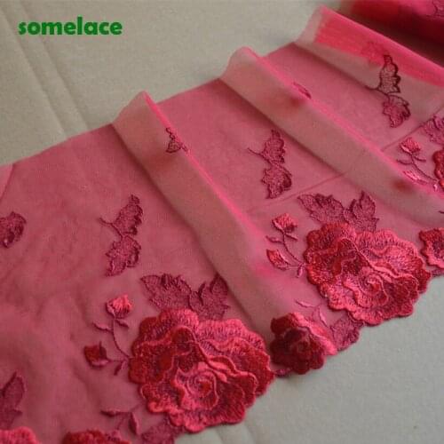 2Yds/lot 17cm Wide Red Gazue Fluorescent Red Floral Embroidery High Quality Lace Trim For Garments And Wedding19110904