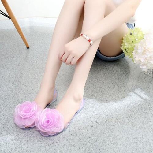 2021 Summer New Bow-knot Jelly Shoes Womens PVC Crystal Flat Shoes Womens Flower Peep Toe Sandals Women Beach Shoes Size 35-40