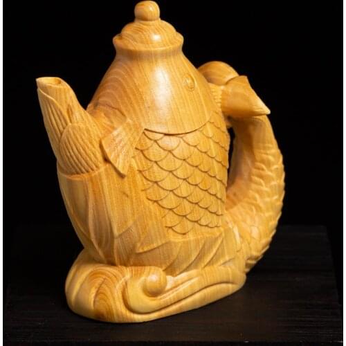 8cm Carp Teapot Decoration Boxwood Feng Shui Sculpture Solid Wood Crafts Rich Teapot Lucky Fish Wood Statue Home Decor