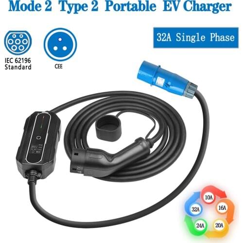 CEE Plug 220V-240V Car Charging Cable Electric Vehicle EV Charger Type 2 32 Amp Portable EVSE, IEC 62196-2