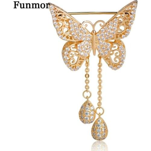 Top Quality Cubic Zirconia Butterfly Brooch For Women Gold Color What Drop Tassel Classic Wedding Decoration Animal Corsage Pins