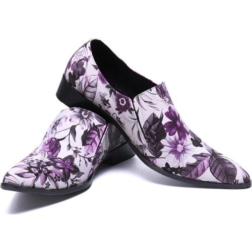 Calzado hombre mens pointy toe dress shoes genuine leather italian shoes men leather slip on loafers Printed party wedding shoes