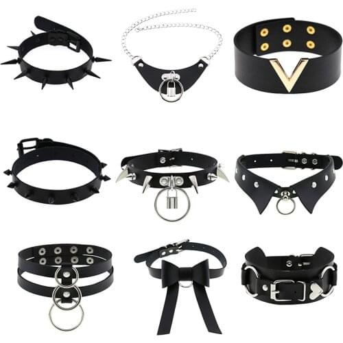 Harajuku Newest PU Leather Black Necklace Goth Punk Rock Choker For Women Men Hip Hop Bondage Cosplay Festival Jewelry wholesale