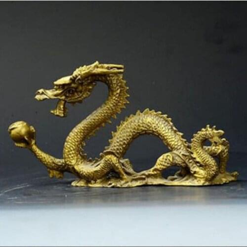 Chinese Lucky Feng Shui Dragon Brass Hand-carved Ball bead Statue