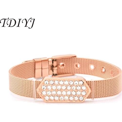 TDIYJ KEEPER Bracelet Set Rose Gold Mesh Stainless Steel Keeper ing Bracelet with Crystal Bar Slide Charms as Women Gifts 1Set