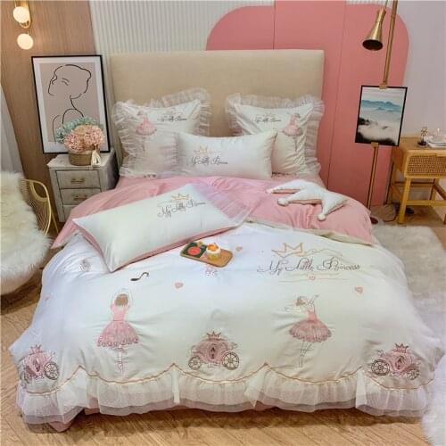 White/Pink Soft Cozy Egyptian Cotton Ballet Girl Embroidery Princess Bedding Set Lace Duvet Cover Flat/Fitted Sheet Pillowcases