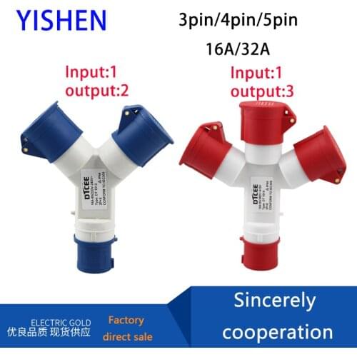Multi-functional waterproof dustproof industrial 1 input to 2 or 3 output IP44 4 pole 5 pin three-way Plug and socket 220V 380V