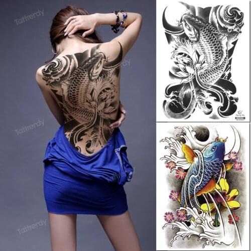 Full back tattoo fish dragon designs large Big temporary tattoos for women men body tatto stickers black fake sexy party decal