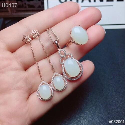KJJEAXCMY fine jewelry natural white jade 925 sterling silver new women pendant necklace ring earrings set support test luxury