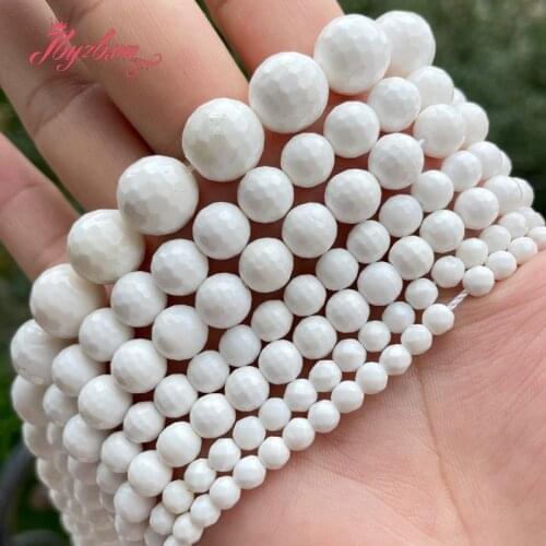 Natural White Tridacna Shell Round Faceted Stone Beads Loose for DIY Women Men Necklace Bracelet Jewelry Making 15" 6/8/10/12mm