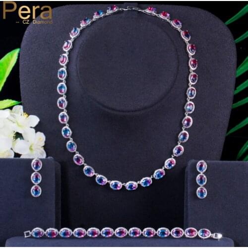 Pera 3Pcs Shiny Ranibow Oval CZ Crystal Choker Jewelry Sets for Women Necklace and Earring Bracelet Wedding Bridal Jewellry J432