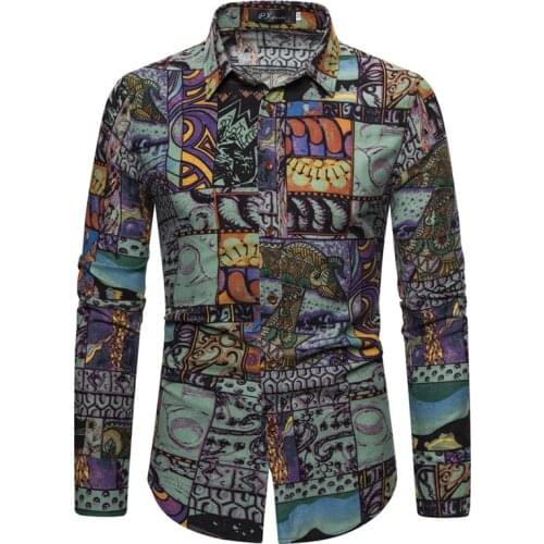 New Mens Linen Shirt Long Sleeve Ethnic Wind Design Color Printing Mens Slim Hawaiian Shirts Dress Vintage Chemise Homme 5XL