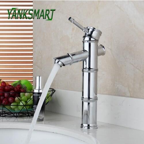 YANKSMART Chrome Polished Finish Bamboo Retro Style Bathroom Single Handle Faucet Deck Mounted Basin Sink Cold & Hot Mixer Tap
