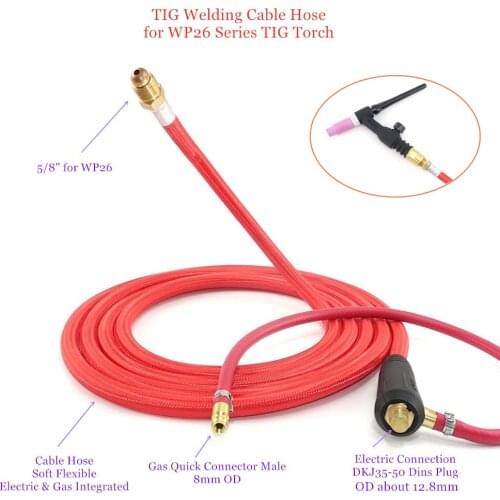 TIG Welding Cable Hose 3m Soft Flexible Integrated 5/8” 35-50 8mm Quick Connector for Tungsten Air Cooled Welder WP26 Torch