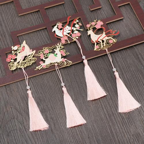 Chinese Style Brass Bookmark Retro Tassel Pendant Book Clip Metal Painted Pagination Mark Stationery Student Gift School Supply