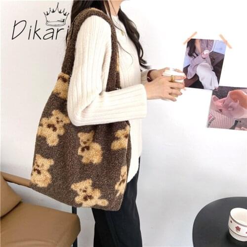 Dikaril Women Lamb Like Fabric Shoulder Tote Bag Canvas Fluffy Fur Bear Handbags Large Capacity Shopping Bags Girls School Bag