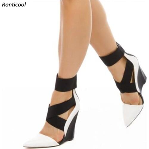 Ronticool New Fashion Handmade Women Summer Pumps Wedges High Heels Pointed Toe White Casual Shoes US Plus Size 5-13