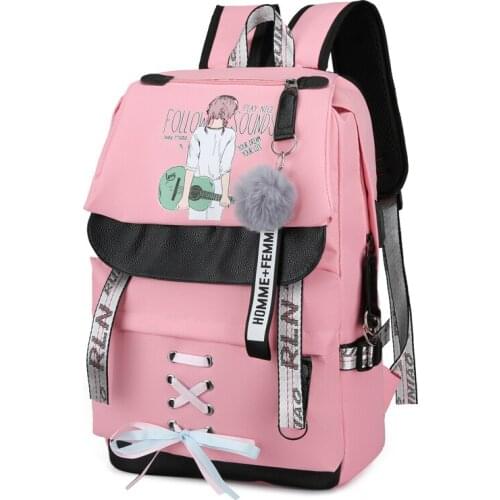 Women Backpack School Bag for Girls Teenage Large Pink Usb Back Pack Youth Cute Girl Music Printing Nylon College Bagpack Ribbon