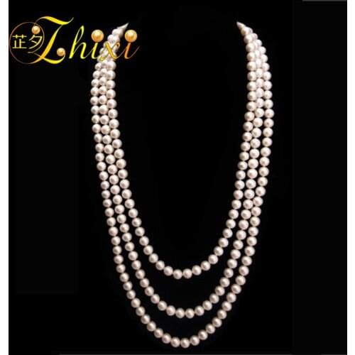 ZHIXI Pearl Long Necklace Fine Jewelry Natural Pearl Necklace Women Round 8-9mm Classic Sweater Chain Anniversary Gift N001