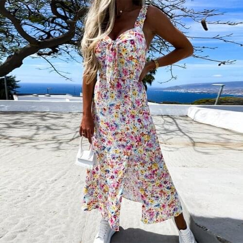 2021 Summer Floral Print Long Dress Women Boho Spaghetti Strap Split Backless Vestidos Female Elegant Holiday Party Dress