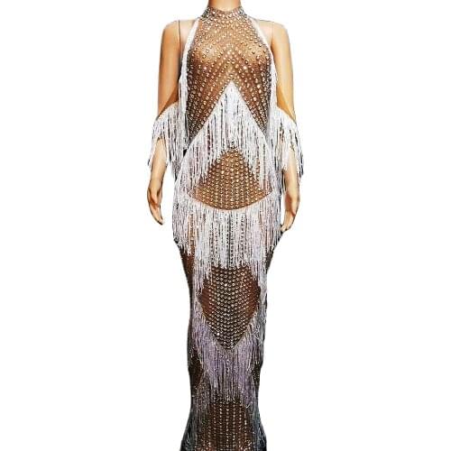 Glistening Diamonds Mesh Perspective Off-The-Shoulder Tassel Women Dresses Tight Stretch Split Long Dresses Nightclub Costumes