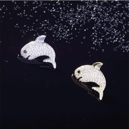 OKILY 2021 New Vivid Animal Zirconia for Women Lapel Pin Summer Dress Small Cute Dolphin Collar Pins Badge Jewelry Accessories