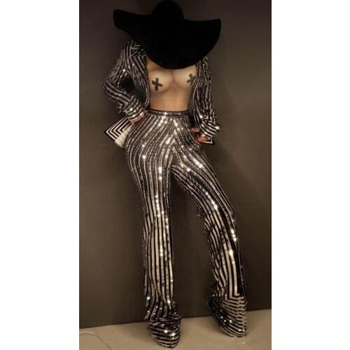 2020 New Arrival Fashion Silver Shinning Womens Set Bar Singer Sexy Stage Wear Performance Custome Celebrity Outfit