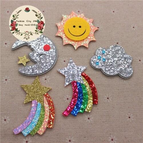 5pcs Glitter Non-woven Leather Fabric Sun /Moon /Rainbow/Cloud Appliques Patch Supplies DIY Craft Decoration