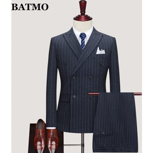 BATMO 2020 new arrival duoble breasted striped casual suits men,mens wedding dress,jackets+pants+vest,SJT810