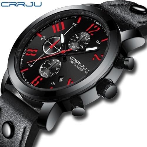 CRRJU Chronograph Men Watch Relogio Masculino Black Leather Business Quartz Watch Clock Men Creative Army Military Wrist Watches