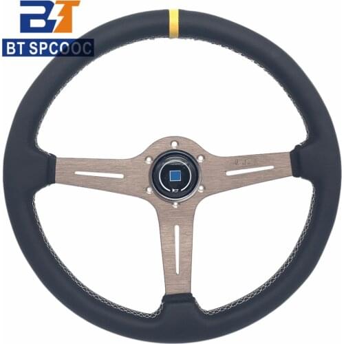 Car Sport 370MM Classic Leather Steering Wheel With N* Horn Universal 15Inch Racing Steering Wheel With Gumetal Spoke Titanium