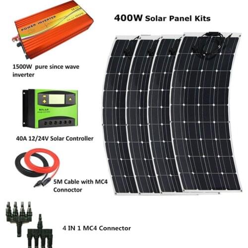4pcs 100W Flexible Solar Panel Module with 1500w inverter and 40A LCD controller Houseuse Complete 400W Solar System Kit