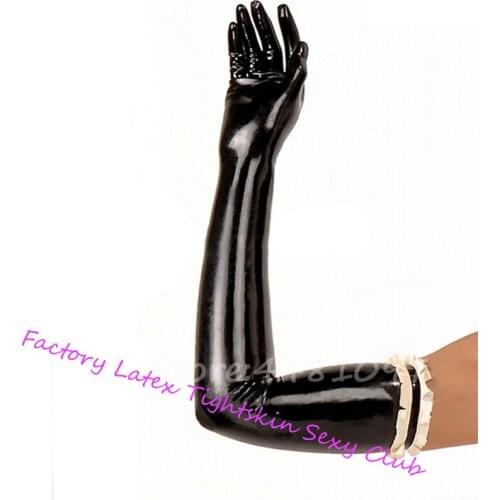 Hot Sexy Women Latex Long Gloves Fetish with Black with White Frilled Lady Gloves Custom Made XS-XXL