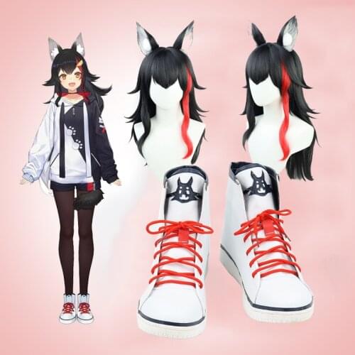 Hololive Youtuber Ookami Mio Cosplay Shoes Boots +Wig Black Red Highlight Long Neta Wolf Girls Cosplay Synthetic Hair Party Prop