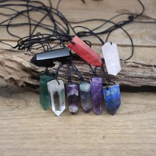 Healing Crystal Point Pendants Energy Necklaces,Reiki Chakra Fluorite Obsidian Hexagonal Quartz Bullet Pendulum Jewelry,QC3807