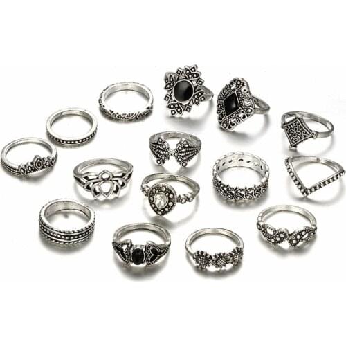 Lotus Sunflower Black Gemstone Ring Antique Silver Hollow Rings 15-piece Set Women Accessories Cartoon Finger Ring Gift