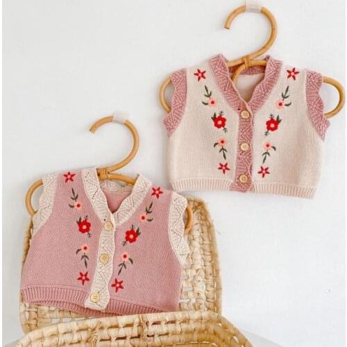 Korean Baby Girls Knitting Cardigan Newborn Flowers Embroidery Sweater Autumn Toddler Girl Knitted Vest 0-2 Year Lovely Coat