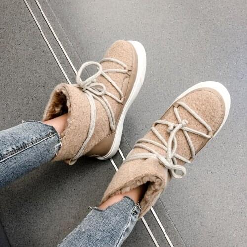 Cute Wool Snow Boots 2020 Winter Fashion Womens Flats Shoes Pink Apricot Black 34-42