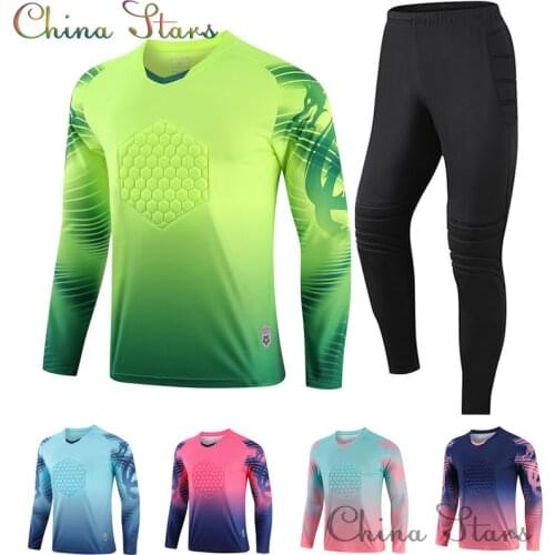 Mens Football Training Goalkeeper Uniform Men Goalie Soccer Jersey Set Doorkeepers Long Sleeve Protective Sponge Shirt Pants