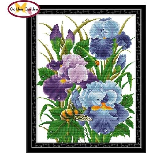 GG Iris Flowers Counted Cross Stitch 11CT 14CT Embroidery Needlework Kit Joy Sunday Stamped Cross Stitch Set for Home Decor